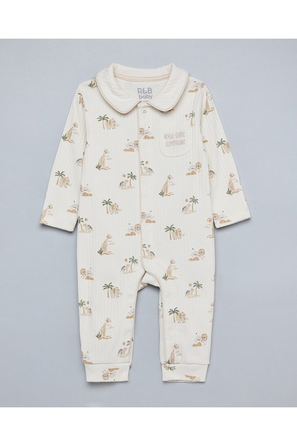 R&B Printed Sleepsuit with Collar and Long Sleeves