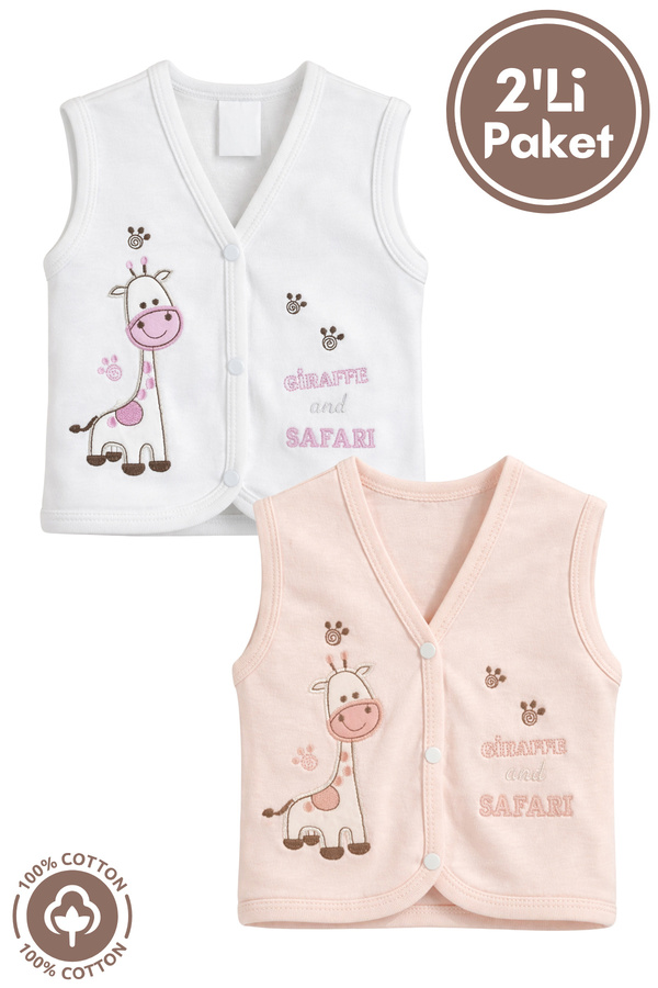 Miniel Kız Bebek Zürafa Nakışlı Organik Pamuklu 3-6-9 Ay 2li Penye Bebek Yelek - Somon