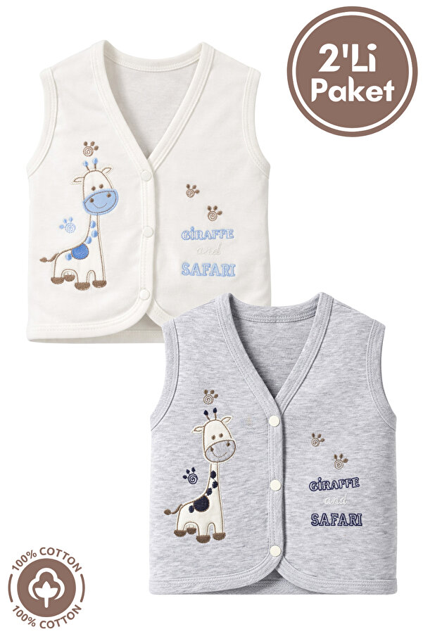 Miniel Erkek Bebek Zürafa Nakışlı Organik Pamuklu 3-6-9 Ay 2li Penye Bebek Yelek - Gri