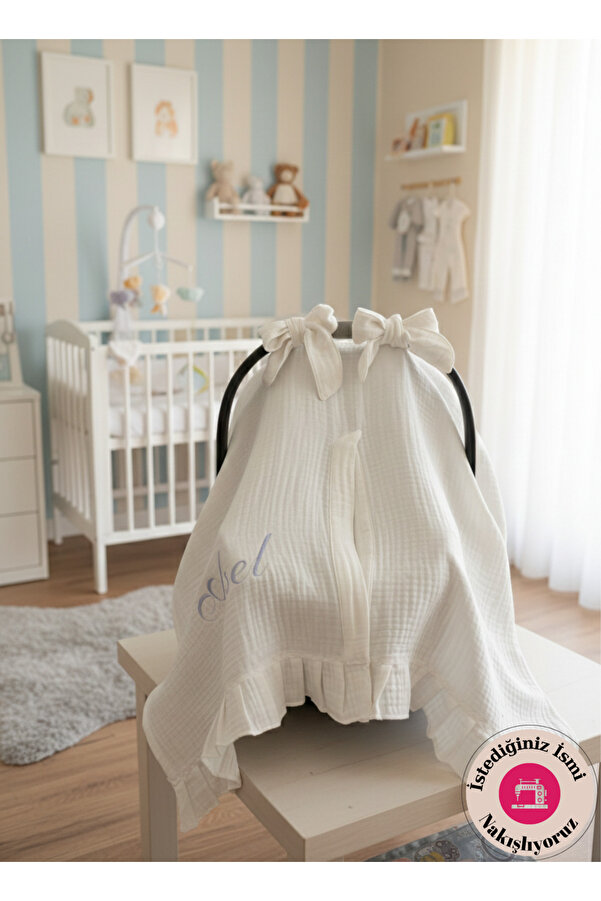 CARTI Kişiye Özel Nakışlı %100 Pamuk Dört Kat Müslin Bebek Ana Kucağı- Puset Örtüsü