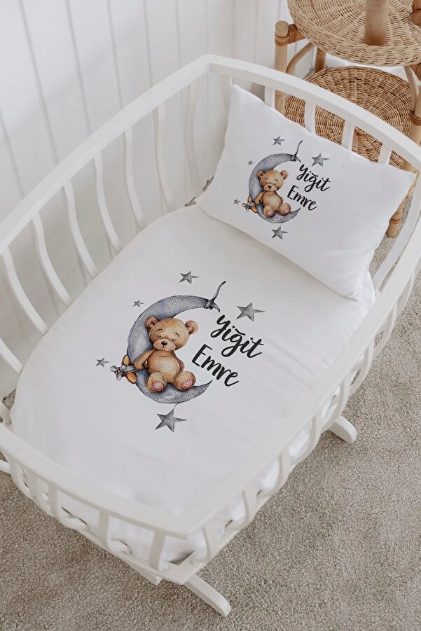 Lilabio İsme Özel %100 Pamuk Park Yatak Çarşaf Seti (100X120) Ayda Uyuyan Ayıcık