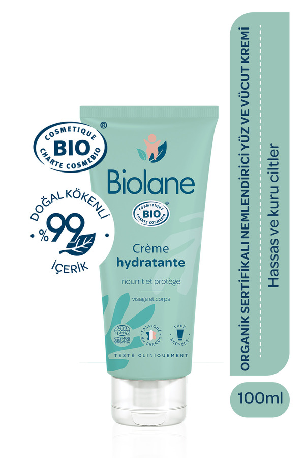 Biolane %99 Doğal İçerikli Hassas Ciltler için Nemlendirici Organik Bebek Çocuk Yüz ve Vücut Kremi (100ml)