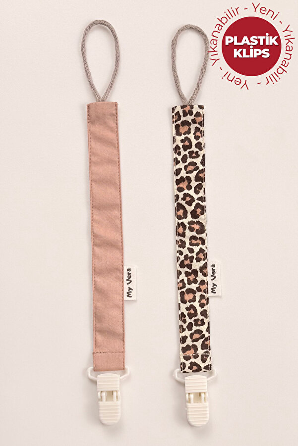 MyVera Vizon - Leopar Emzik Askısı Seti - 2'li Emzik Zinciri Seti - %100 Pamuk Kumaş