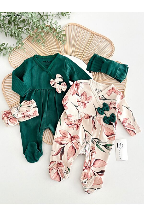 Jammybaby Yaprak Dijital Desenli Kız Bebek %100 Pamuk Kaşkorse 2 Tulum Ve Bandana 4 Parça Takım yenidoğan set