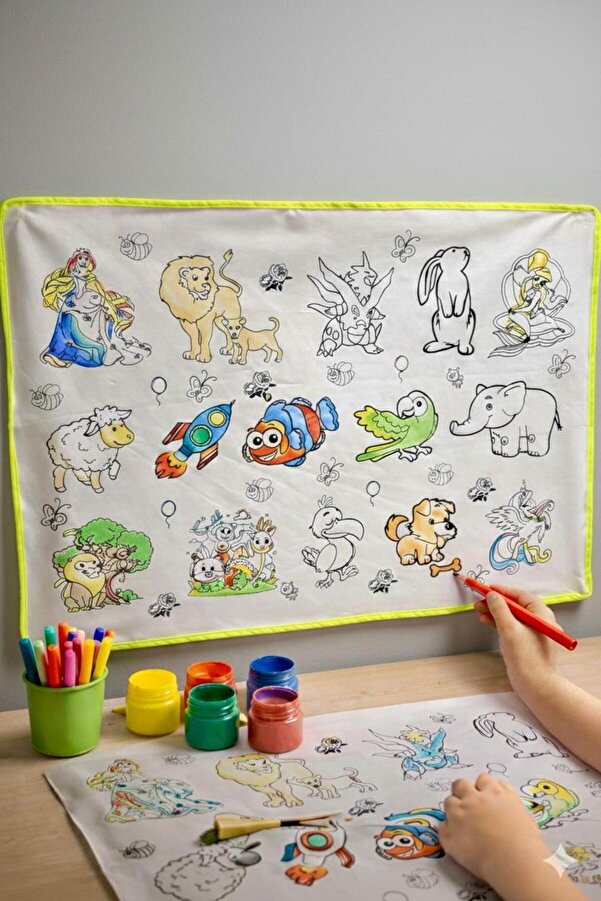 Esrabutik Eğitici Boyanabilir Su geçirmez yıkanabilir Çocuklar için Eğlence Matı 75X50 Boya Kalem Seti Hediye
