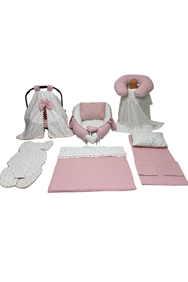 Happy Baby Dikiş Atölyesi 10’lu Babynest Puset Örtüsü Alt Açma Emzirme Yastığı Emzirme Önlüğü Ana Kucağı Pembe Yıldızlı