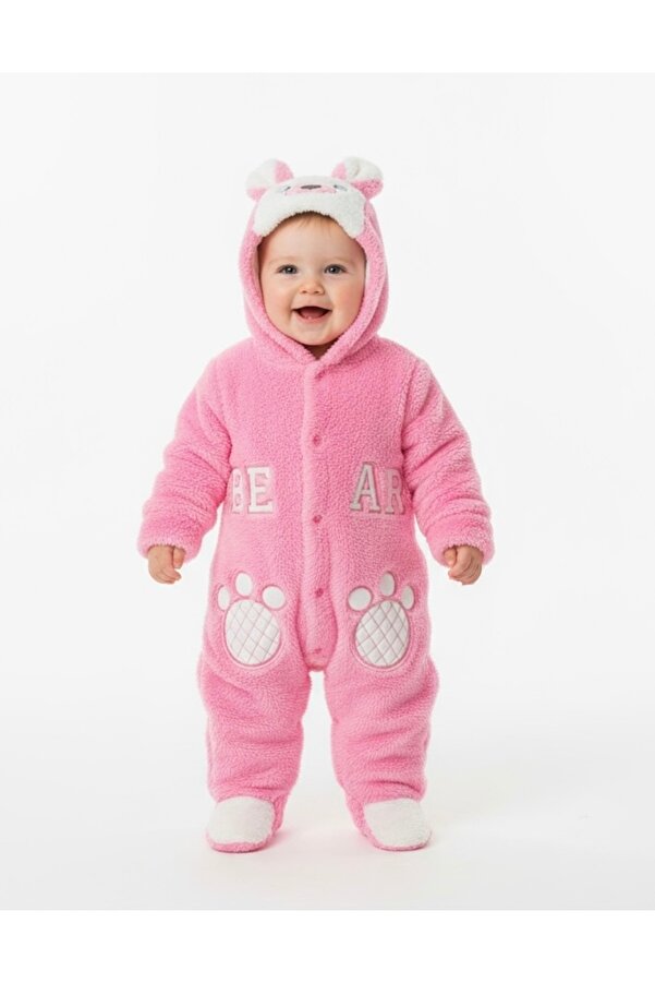 Bebemio Boutique Peluş Ayıcıklı Bebek Tulumu Kışlık Takım Kapşonlu Welsoft Ayı Nakışlı Kulak Ve Ponpon Detaylı