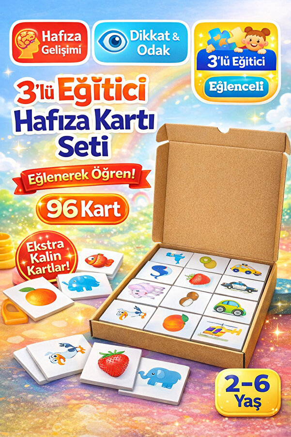 Genel Markalar 3’lü Eğitici Hafıza Kartı Seti – Eşleştirme Oyunu – Okul Öncesi Zeka & Dikkat Geliştirici Oyun Kartı