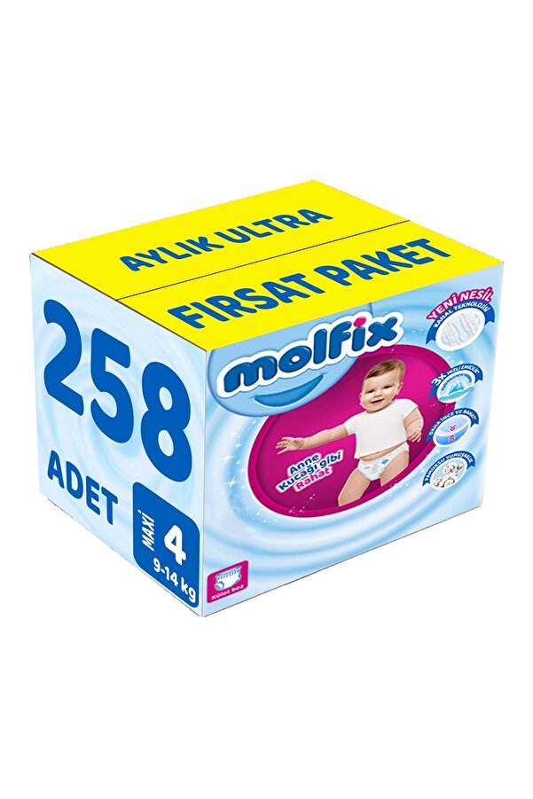 Molfix Külot Bebek Bezi Beden:4 (9-14Kg) Maxi 258 Adet Aylık Ultra Fırsat Pk