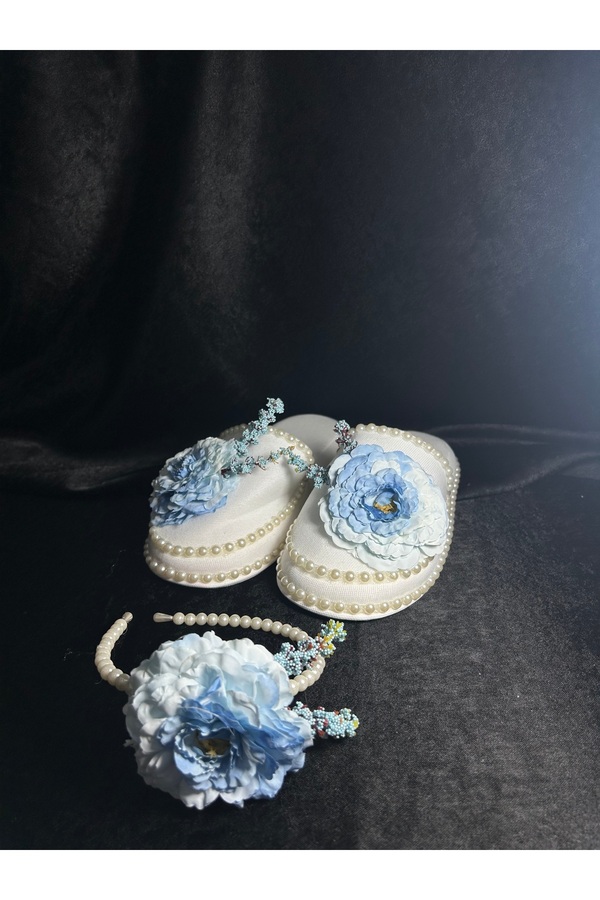 Bridal Luxe Leon mavi lohusa seti anne tacı ve terliği bebek bandana