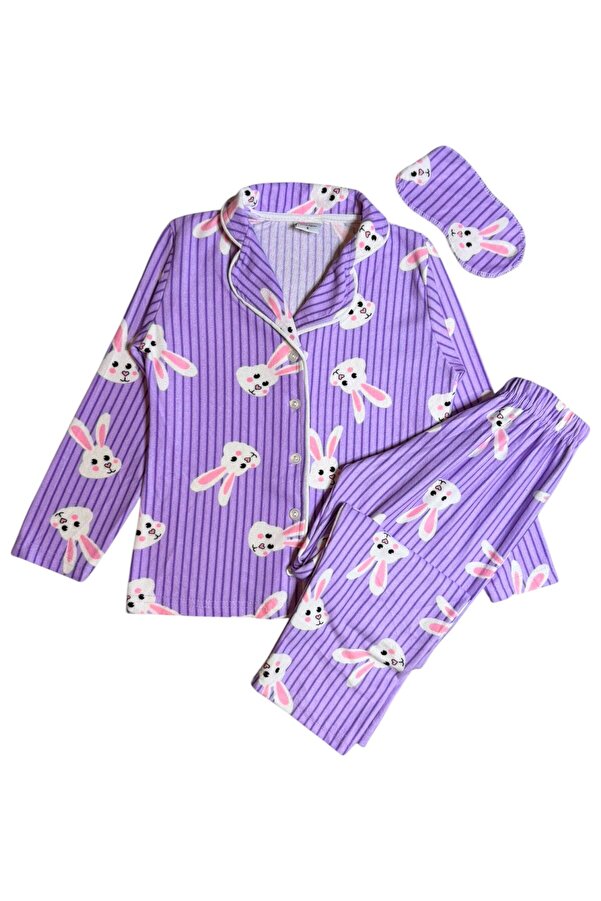 Fil Kids Kız Çocuk Pamuklu Süet Kumaş Lila Tavşan Desenli Uyku Bantlı Gömlek Yaka Düğmeli Pijama Takımı