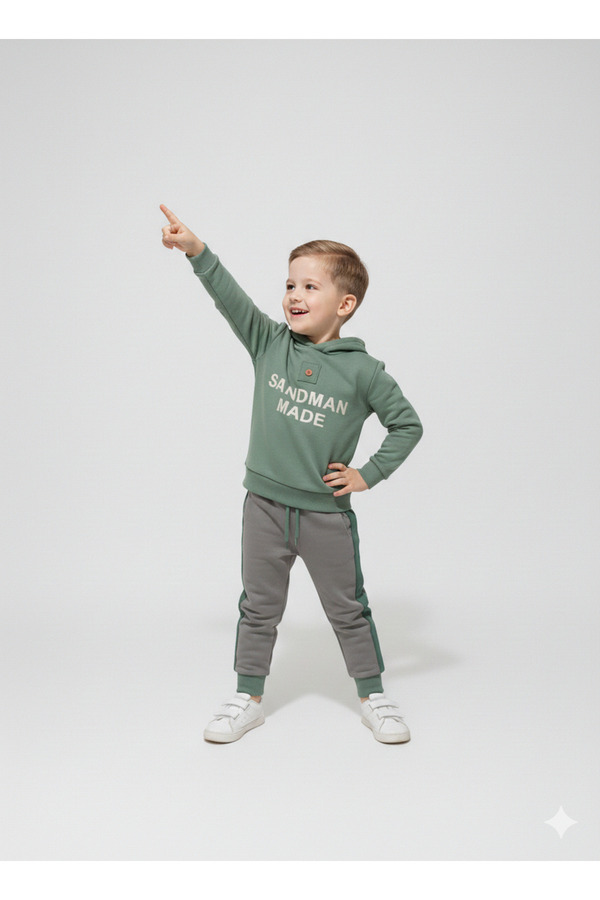 Momivi Kids Erkek Çocuk Kapüşonlu Düğme Detaylı Sweatshirt Yanı Şeritli Eşofman 2'li Takım