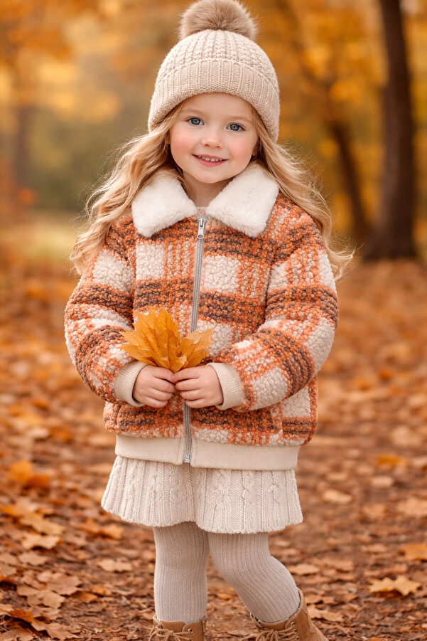 ANKANOVA Kız Çocuk Yakası Kürklü İçi Astarlı Kürk Mont Ceket (1 Beden Büyük Alınız)