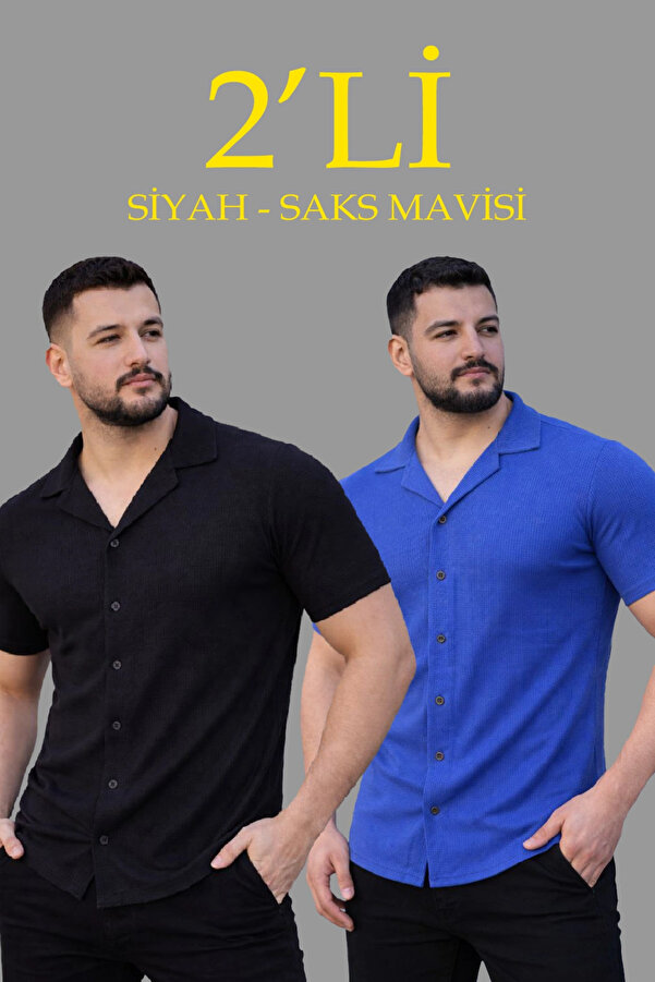 pilelistore Erkek Waffle Kumaş Açık Yakalı Düğmeli Regular Fit Gömlek 2’li Set Siyah-Saks Mavisi