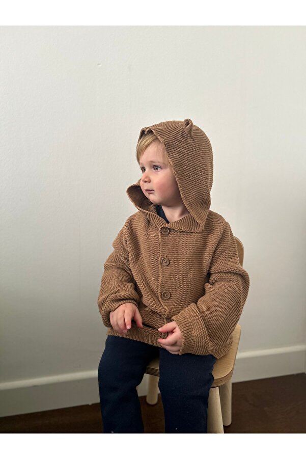 KUEZA KIDS Bebek & Çocuk Kapüşonlu Kulaklı Düğmeli Cepli Pamuklu Triko Hırka