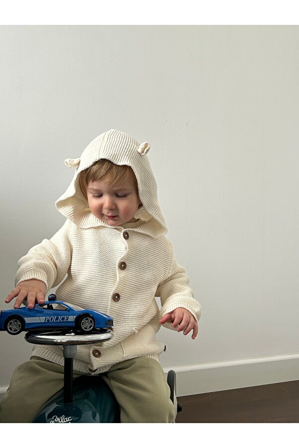 KUEZA KIDS Bebek & Çocuk Kapüşonlu Kulaklı Düğmeli Cepli Pamuklu Triko Hırka