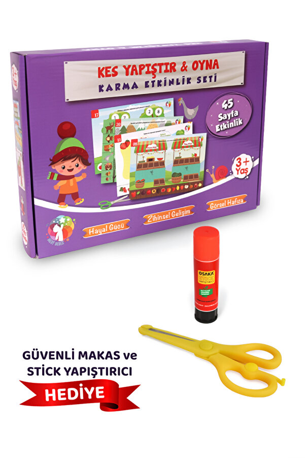 MERT BEBEK Kes Yapıştır Oyna Karma Etkinlik Seti | 3+ Yaş | 45 Sayfa | Makas & Yapıştırıcı Hediye