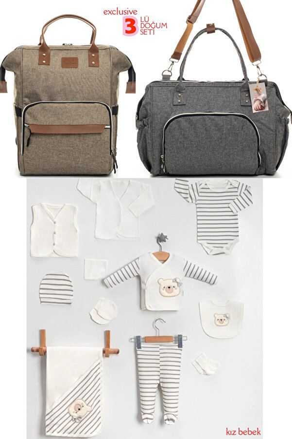Beyaz Bebek 3'lü Bebek Doğum Seti (10 PARÇALI HASTANE ÇIKIŞ SETİ,ANNE&BEBEK BAKIM OMUZ VE SIRT ÇANTASI)