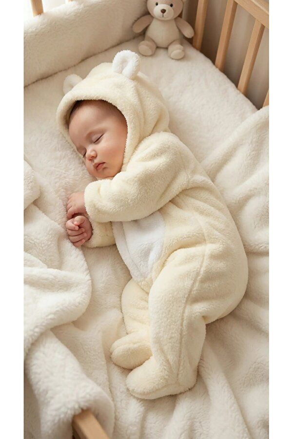 Baby Clime 0–12 Ay İsimli Bebek Tulumu – Peluş Ayıcık Kapüşonlu Ayaklı Tulum