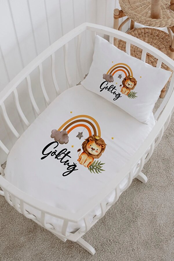 Lilabio İsme Özel %100 Pamuk Park Yatak Çarşaf Seti (100X120) Gökkuşağı Aslan