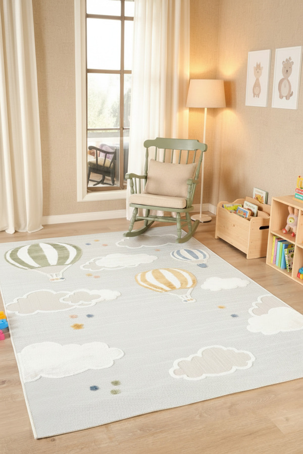ESSENSE HOME & LİVİNG ESSENSE Halı Yumuşak Pamuk Dokulu Uçan Balonlu Çocuk Odası Bebek Halısı