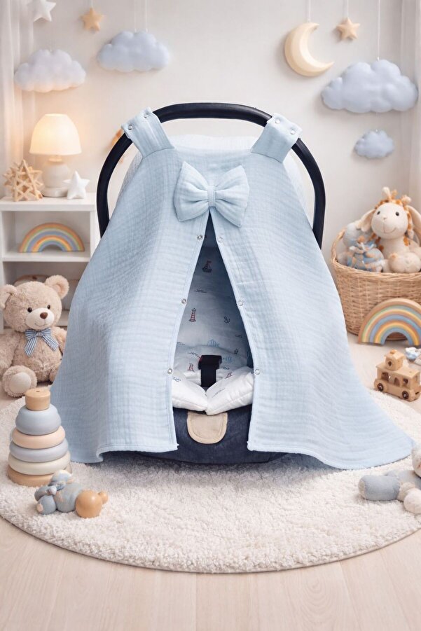 Yada Baby %100 Organik Pamuklu Kumaştan Müslin Dört Kat Bürümcük Minderli Puset Örtüsü Seti