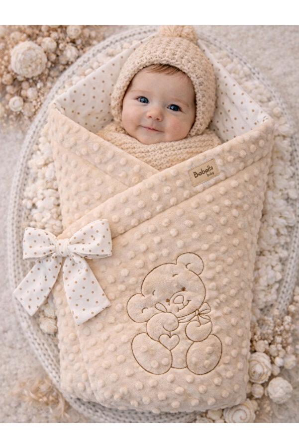 Bebella Bej Kız/Erkek Nohut Bebek Battaniyesi & Kundağı Ayıcık İşlemeli Hastane Çıkışı Yenidoğan Örtü/Yorgan