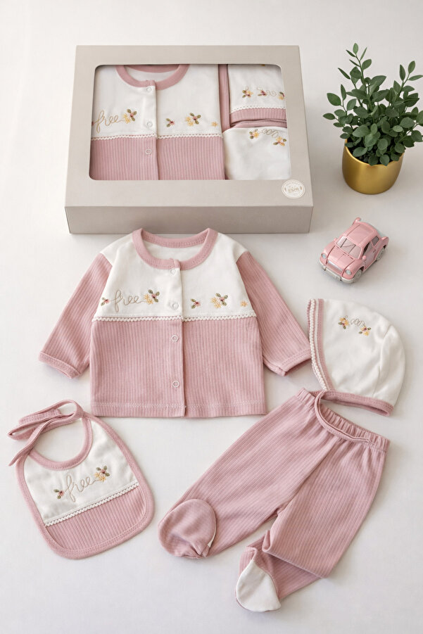 moukou %100 Pamuk Kız Bebek Yeni Doğan 5’li Hastane Çıkış Seti Doğum Hediye Seti