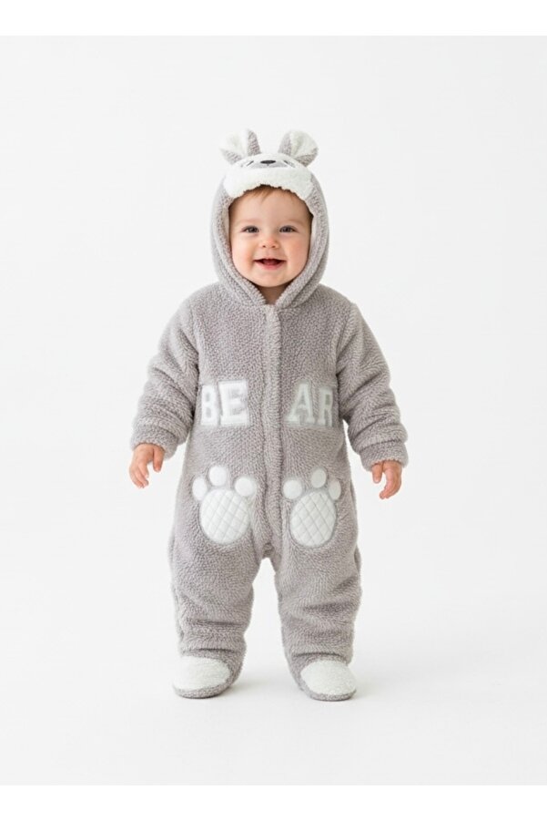 Bebemio Boutique Peluş Ayıcıklı Bebek Tulumu Kışlık Takım Kapşonlu Welsoft Ayı Nakışlı Kulak Ve Ponpon Detaylı