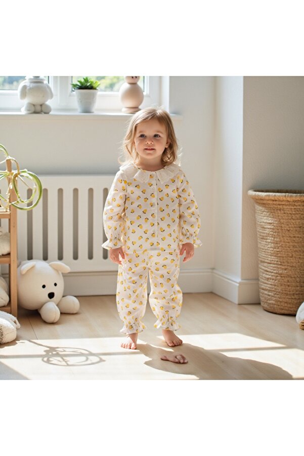 Soft and Baby Kız Çocuk Limon Fır Fır Yaka Pijama Takımı (1 BEDEN BÜYÜK TERCİH EDİNİZ)