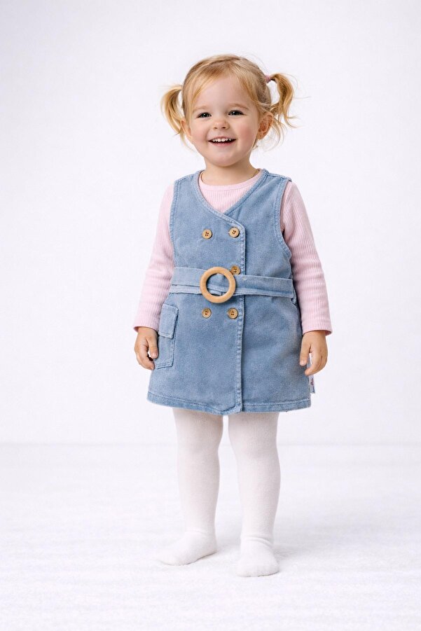 dinamik çocuk Kız Bebek/Çocuk Kruvaze Ahşap Düğme Detaylı Kemerli Kot Jile Elbise+Uzun Kollu Badili 2li Takım Mevs