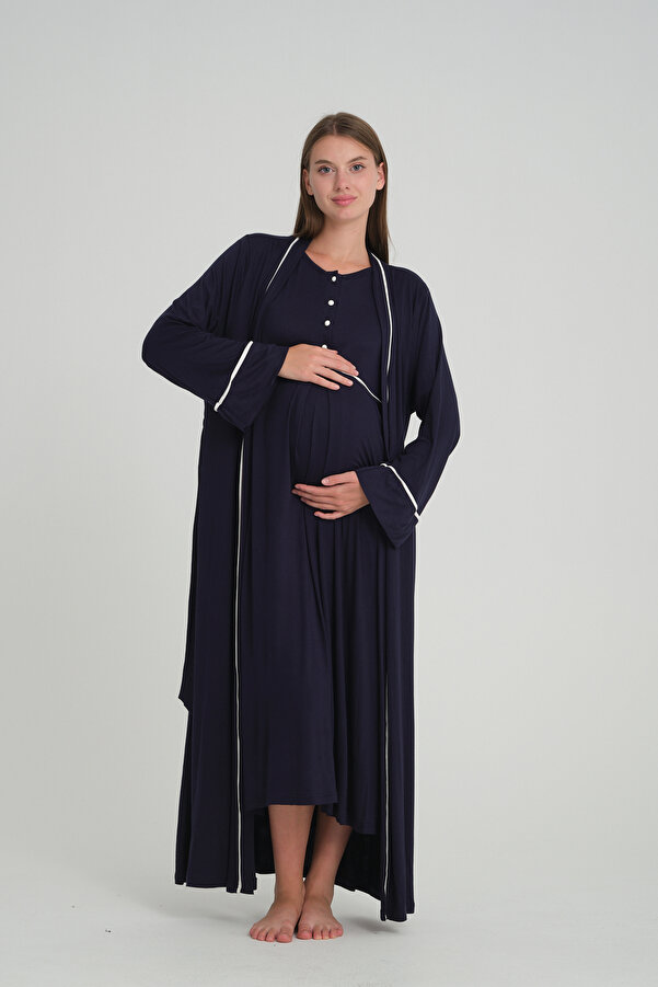 Rimel Homewear Lohusa Gecelik Sabahlık Takımı - Emzirme Detaylı Hamile 2'li Set - Doğum Çantası Temel Parçası