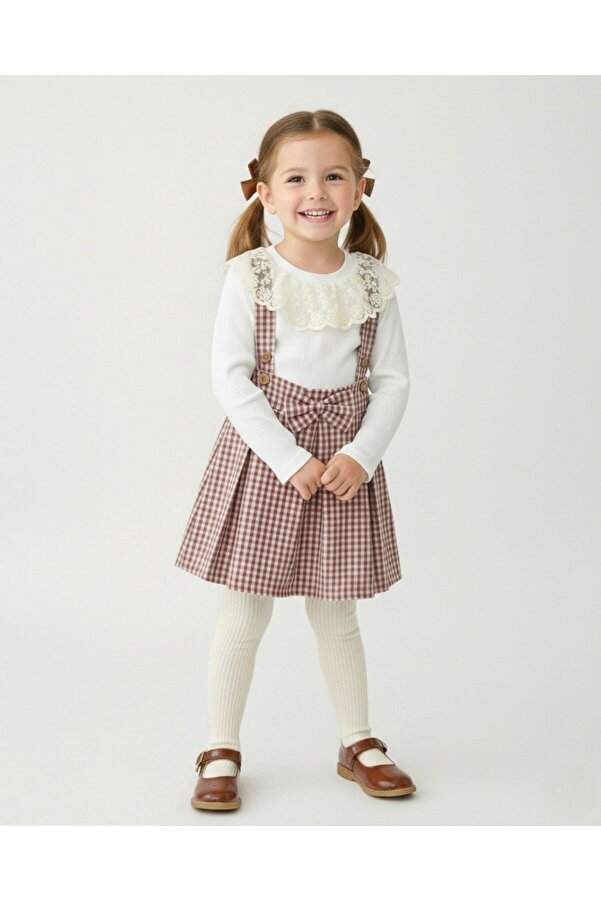 Ege Bebek Kız Çocuk Ekose Salopet Elbise Takımı – Dantelli Uzun Kollu Bluzlu, Askılı Etek Kombin (2-9 Yaş)