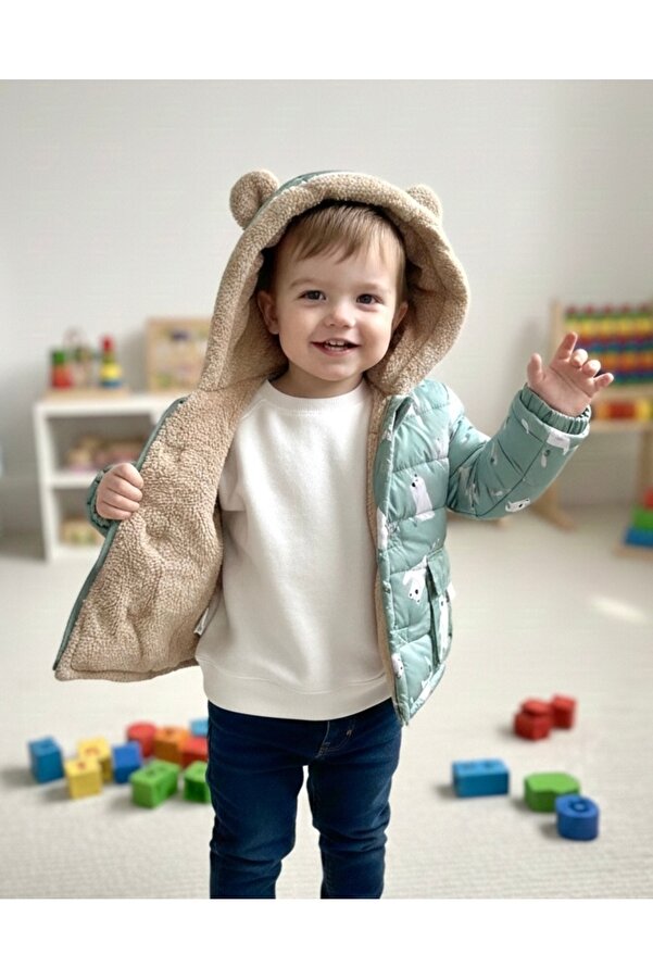 TinyTrend Bebek Kutup Ayısı Desenli İçi Peluş Kürklü Kapüşonlu Mont - Su İtici Kışlık Ceket