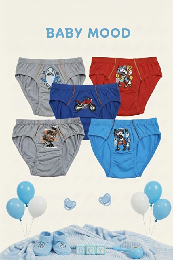 Tutku 5'li Erkek Bebek Külot Seti - %100 Pamuklu Karma Baskılı ve Renkli Bebek İç Çamaşırı