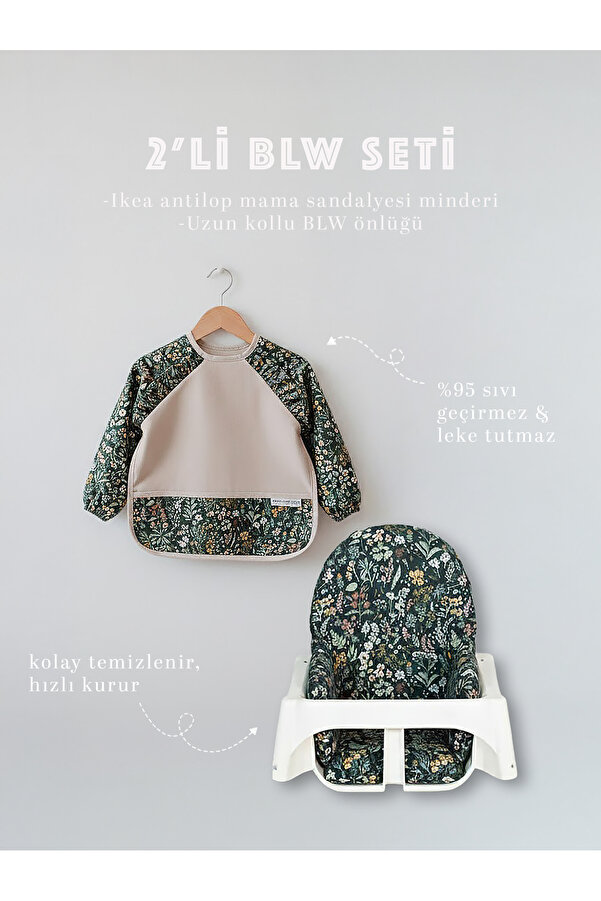 Dear Deer Love 2'li BLW Beslenme Seti - Bebek Mama Sandalyesi Minderi ve Uzun Kollu Önlük Seti