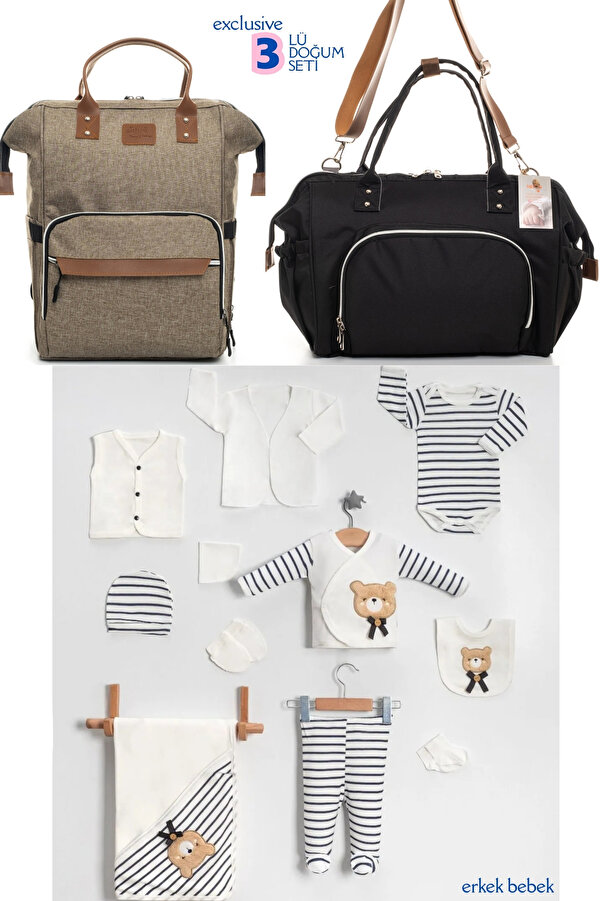 Beyaz Bebek 3'lü Bebek Doğum Seti (10 PARÇALI HASTANE ÇIKIŞ SETİ,ANNE&BEBEK BAKIM OMUZ VE SIRT ÇANTASI)