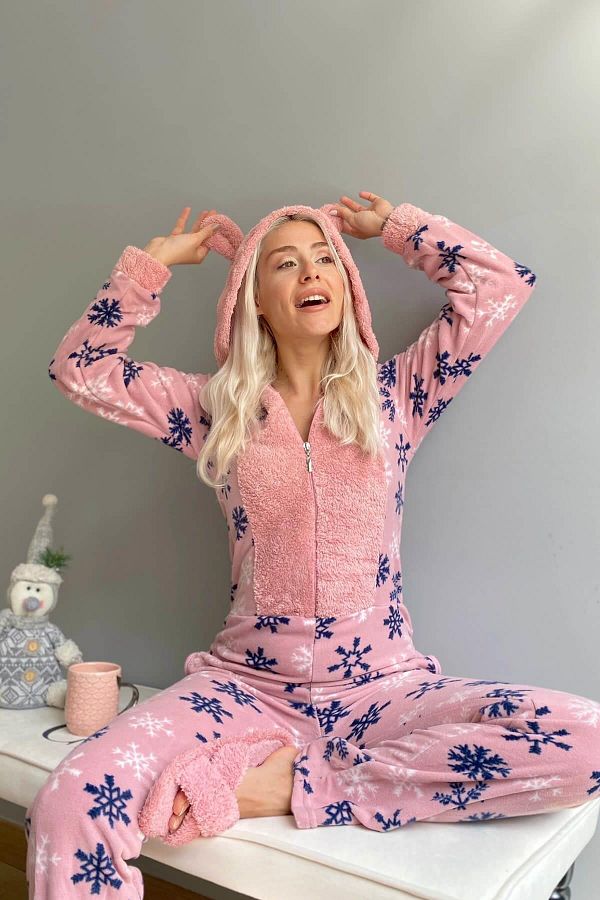 Pijamaevi Women s Pink Snowflake Patterned Women s Fleece Plush Jumpsuit Pajamas Trendyol