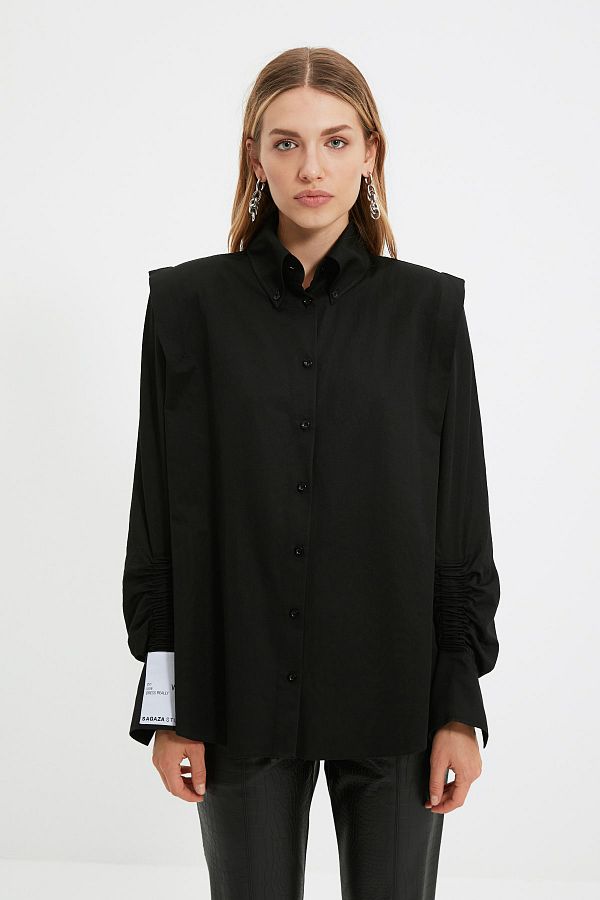 Trendyol Collection-Cămașă neagră din poplin Sagaza Studio - Detaliu cu șnur, țesută TPRAW22GO1191 1