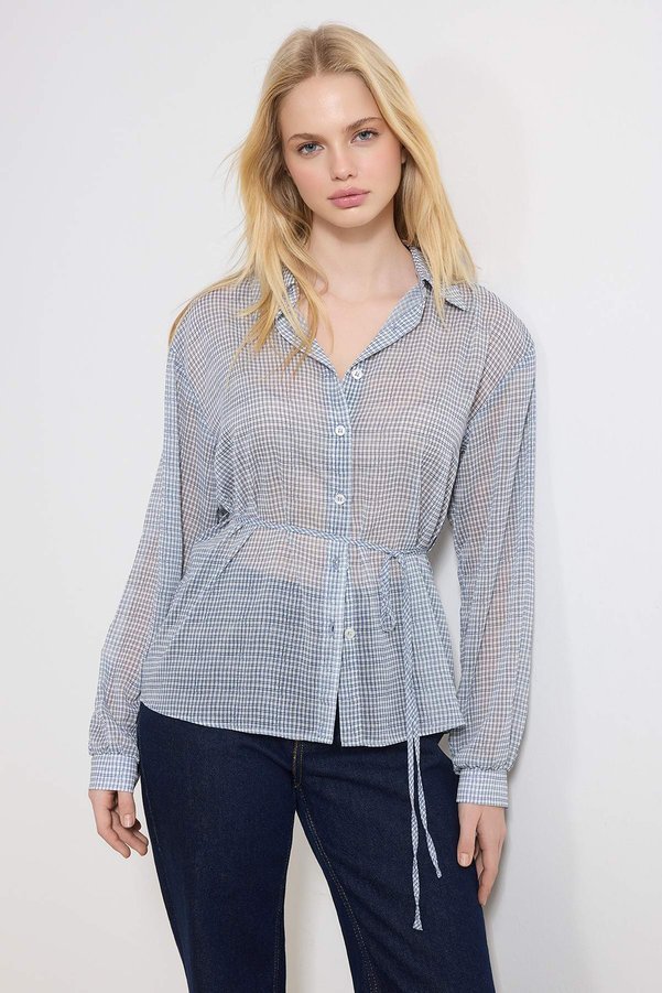 Trendyol Collection Blue Checkered Belted Transparent Shirt Twoss26Go00066