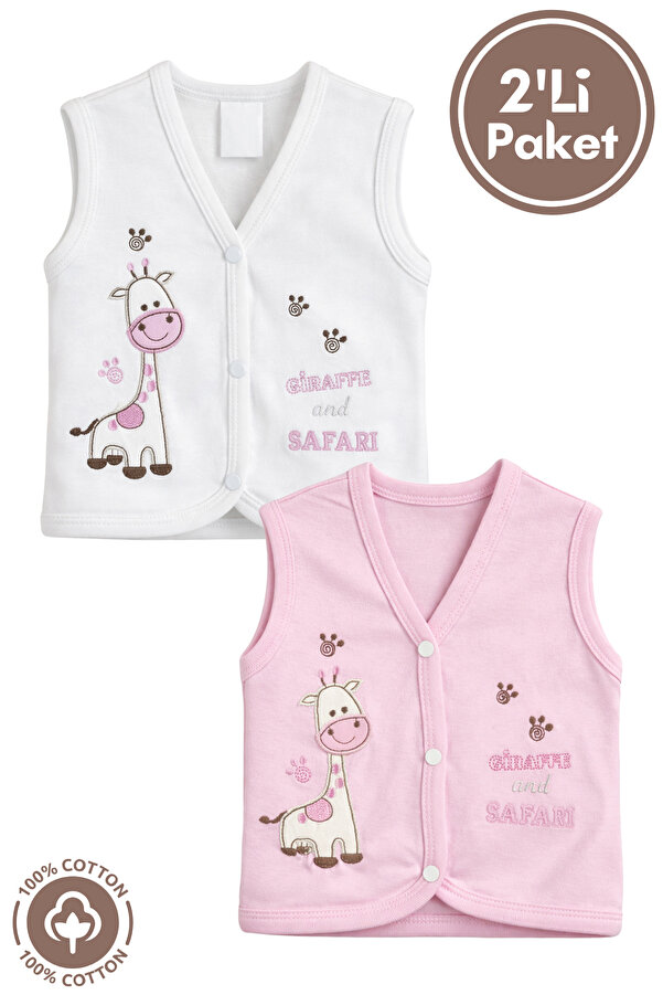 Miniel Kız Bebek Zürafa Nakışlı Organik Pamuklu 3-6-9 Ay 2li Penye Bebek Yelek - Pembe