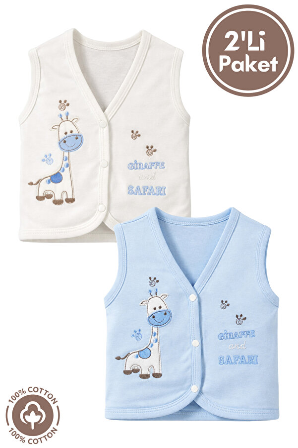 Miniel Unisex Bebek Zürafa Nakışlı Organik Pamuklu 3-6-9 Ay 2li Penye Bebek Yelek