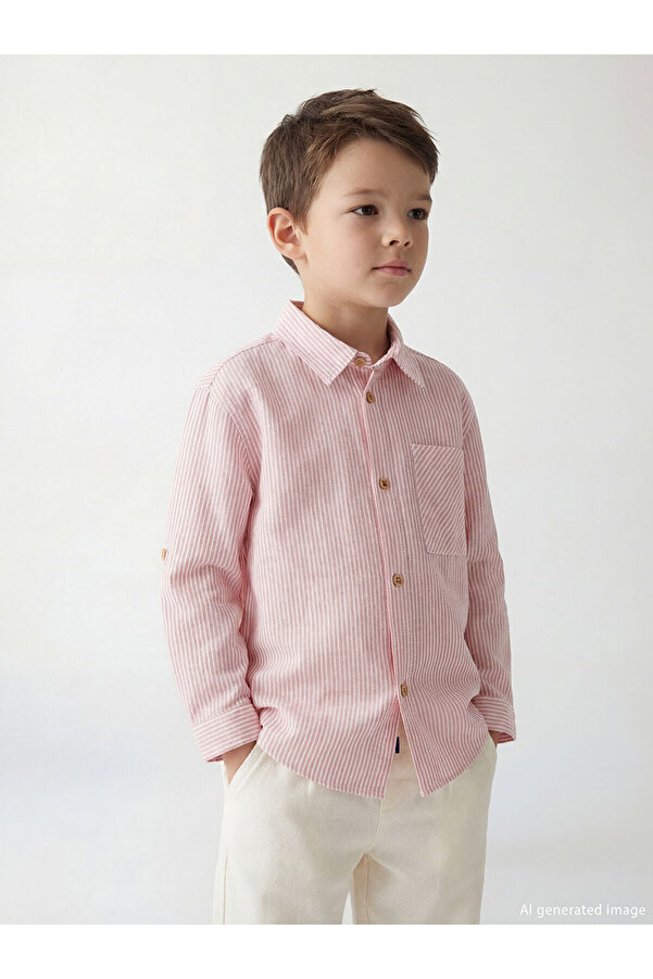 LC Waikiki Elsiva Collection Turuncu Çizgili Keten Karışımlı Erkek Çocuk Gömlek