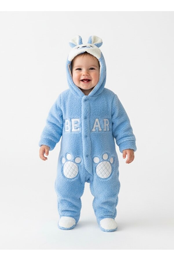Bebemio Boutique Peluş Ayıcıklı Bebek Tulumu Kışlık Takım Kapşonlu Welsoft Ayı Nakışlı Kulak Ve Ponpon Detaylı