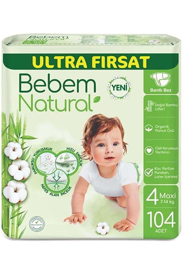 Bebem Natural Bebem Bebek Bezi Natural Beden:4 (7-14KG) Maxi 104 Adet Ultra Fırsat Pk