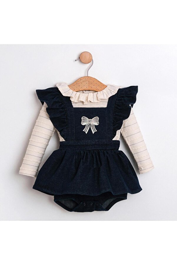 ministok Cudi Fırfırlı Salopet Etekli Tulum ve Uzun Kollu Blüzlü Kız Bebek Esnek Denim Takım