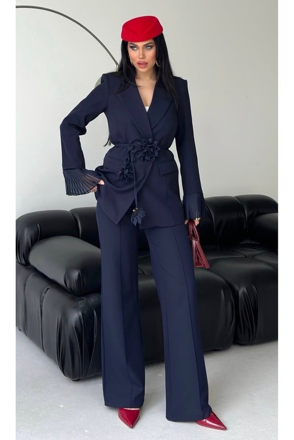 pembekurdelem Women's Rose Detailed Sleeves Design Jacket and Trousers Set Navy Blue