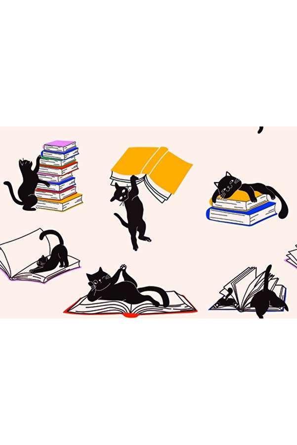 Novinqa Kitaplar & Kediler Desenli Dijital Baskılı Kumaş