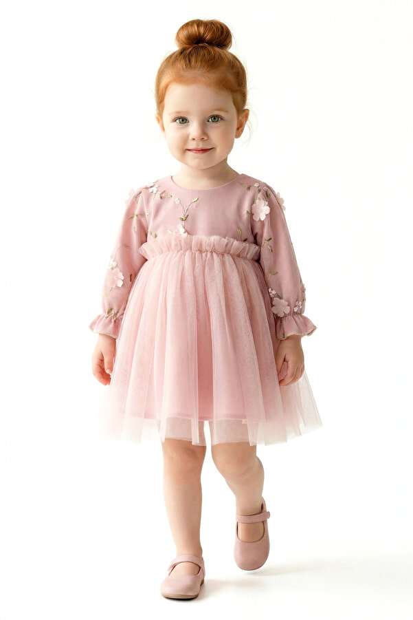 Baby Animals Kız Bebek Elbise Kız Çocuk Elbise Çiçekli Doğum Günü Parti Düğün Özel Gün Uzun Kol Tüllü Tütü Astarl