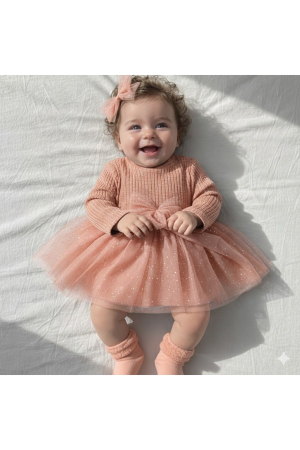 MİNİKİNCİBABY Simli Tül Etekli Klips Tül Fiyonk Tokalı Elbise